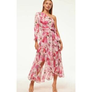 Misa Sabrina Dress One Shoulder Belted Ruffle Midi Sz M Floral Ruffle NWOT